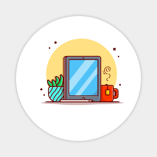 Tablet And Stylus Pencil With Tea And Cactus Cartoon Vector Icon Illustration. Magnet by Catalyst Labs